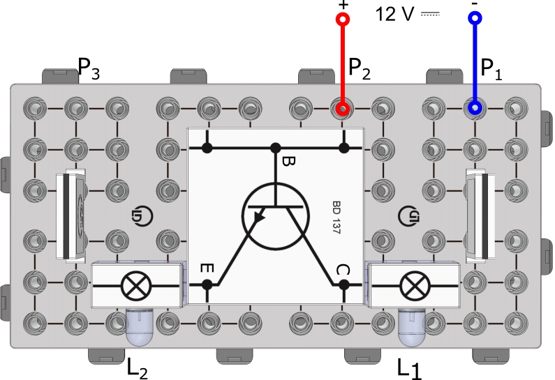Diode junctions on transistors, test circuit with light-emitting diodes